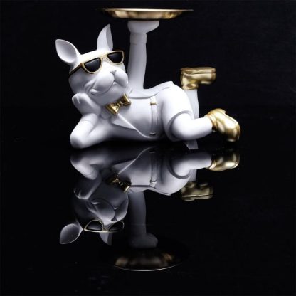 Vide Poche & Coupelle | Vide-Poche Statue "Bulldog" 27cm Blanc Accessoires Déco Blanc & Doré