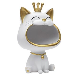 Vide Poche & Coupelle | Vide-Poche Statue "Chat" 25cm Blanc Accessoires Déco Blanc & Doré