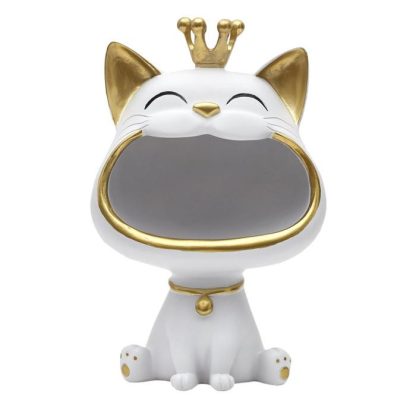 Vide Poche & Coupelle | Vide-Poche Statue "Chat" 25cm Blanc Accessoires Déco Blanc & Doré