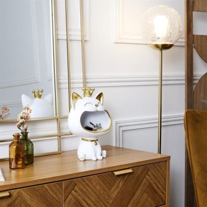 Vide Poche & Coupelle | Vide-Poche Statue "Chat" 25cm Blanc Accessoires Déco Blanc & Doré